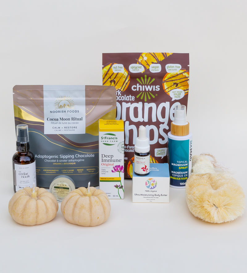 Collection of health and wellness products on a white background